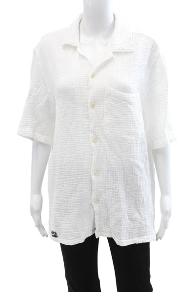 Zara Women Basic Button-Up Collared Short Sleeve White Cotton Top Size M