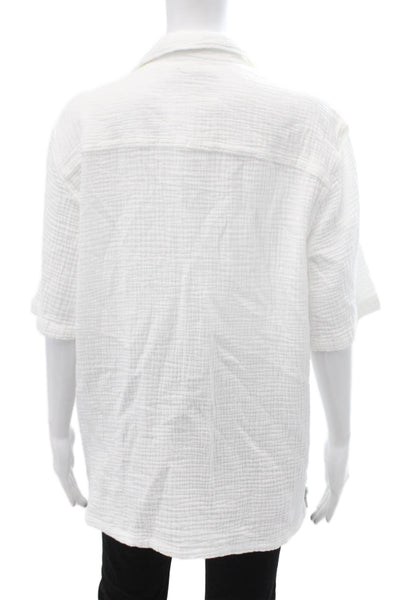 Zara Women Basic Button-Up Collared Short Sleeve White Cotton Top Size M
