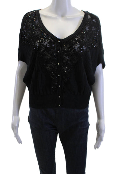 Free People Women Cardigan Black V Neck Button Boho Angora Blend Size S