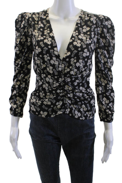 ASTR Women Black Floral V-Neck Long Sleeve Polyester Blouse Size XS