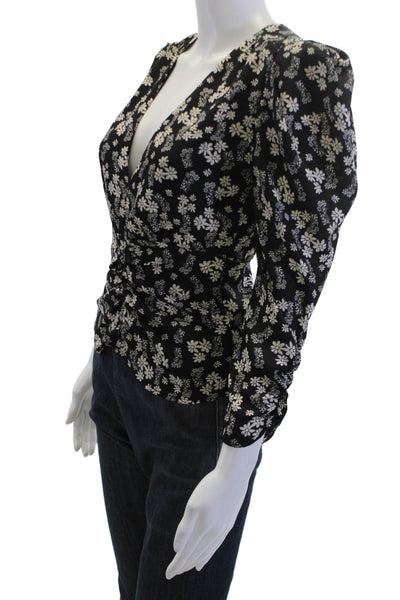 ASTR Women Black Floral V-Neck Long Sleeve Polyester Blouse Size XS