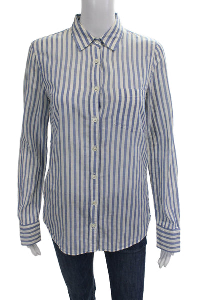 J Crew Women Blue Striped Collared Button Up Long Sleeve Cotton Top Size 2