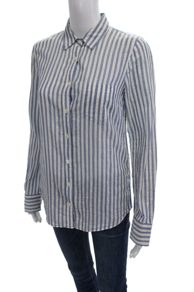 J Crew Women Blue Striped Collared Button Up Long Sleeve Cotton Top Size 2