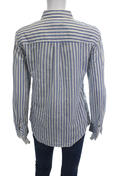 J Crew Women Blue Striped Collared Button Up Long Sleeve Cotton Top Size 2