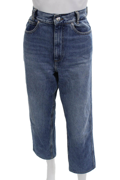 Sandro Women Cropped Straight Jeans Blue Mid Rise Button Cotton Size 36