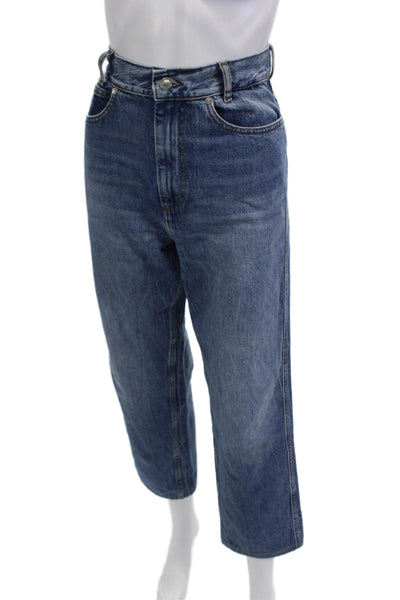 Sandro Women Cropped Straight Jeans Blue Mid Rise Button Cotton Size 36