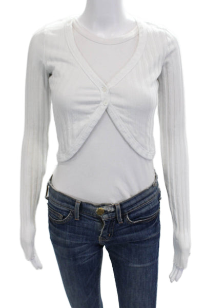 Cotton Citizen Women White Striped V Neck Button Cardigan Long Sleeve Size M