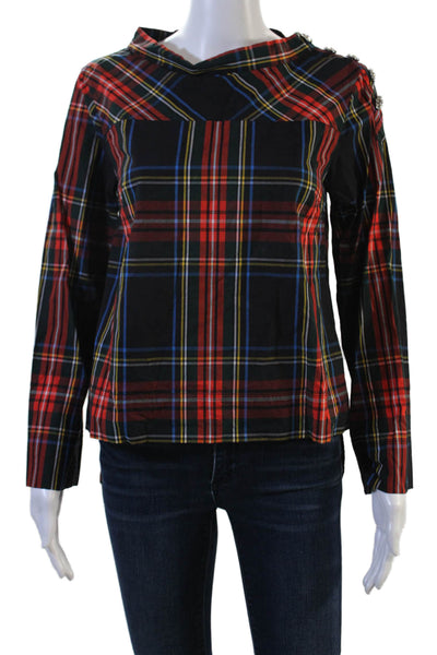 J Crew Women Black Plaid Cotton Button Front Long Sleeve Blouse 90s Size 2P