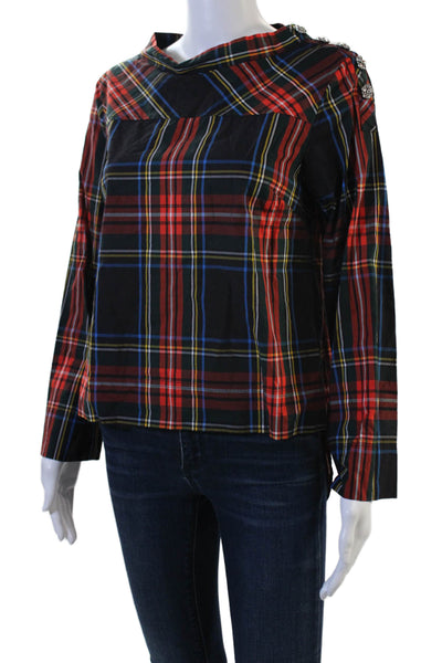 J Crew Women Black Plaid Cotton Button Front Long Sleeve Blouse 90s Size 2P