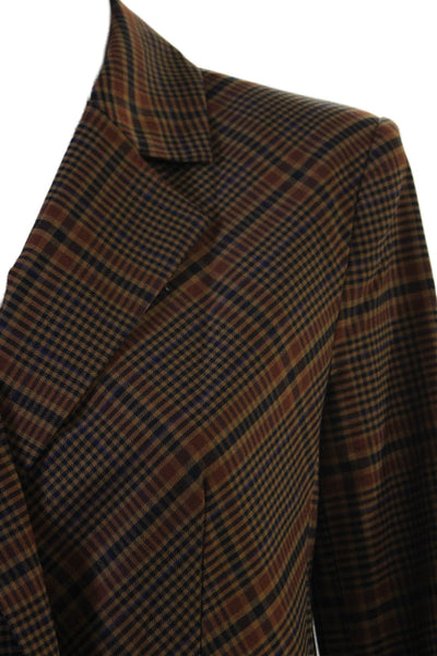 French Connection Women Brown Plaid Collared Blazer Button Long Sleeve Size 2XS