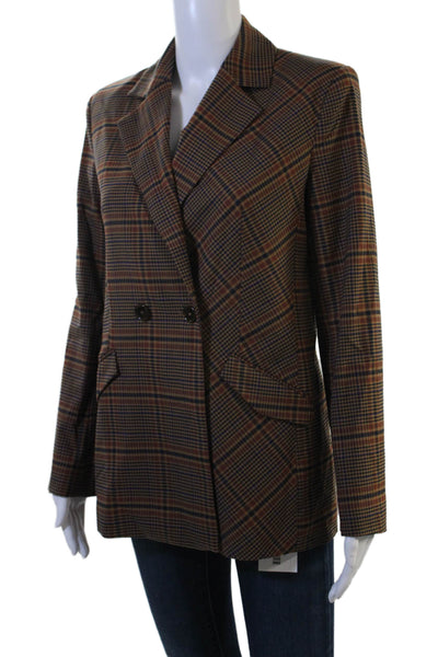 French Connection Women Brown Plaid Collared Blazer Button Long Sleeve Size 2XS