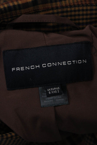 French Connection Women Brown Plaid Collared Blazer Button Long Sleeve Size 2XS