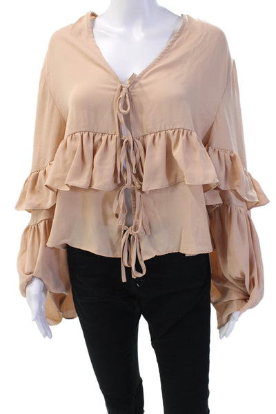 Weworewhat Women Bohemian Beige V-Neck Tie Blouse Long Sleeve Polyester Size XS