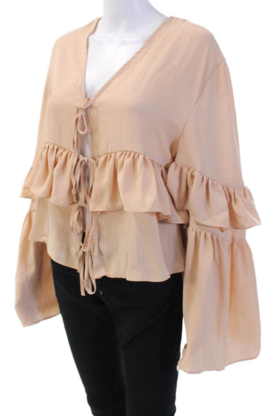 Weworewhat Women Bohemian Beige V-Neck Tie Blouse Long Sleeve Polyester Size XS