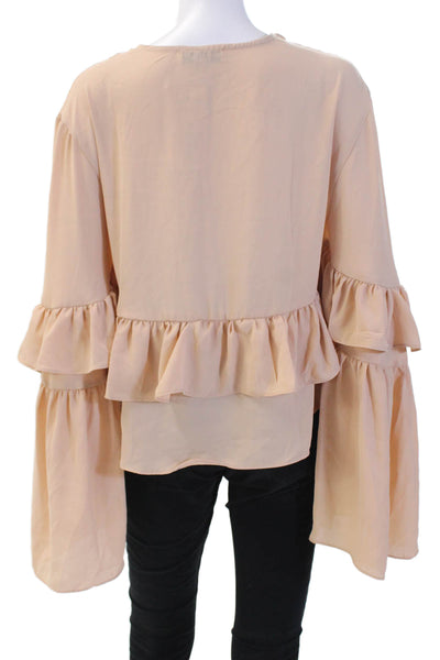 Weworewhat Women Bohemian Beige V-Neck Tie Blouse Long Sleeve Polyester Size XS