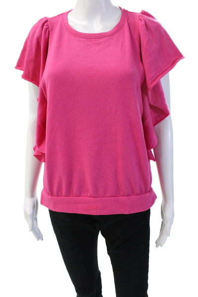 Evereve Women Pink Crew Neck Cap Sleeve T-Shirt Solid Poly Cotton Spring Size M