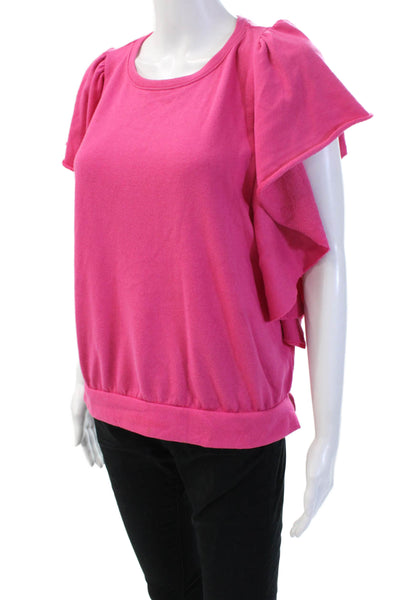 Evereve Women Pink Crew Neck Cap Sleeve T-Shirt Solid Poly Cotton Spring Size M