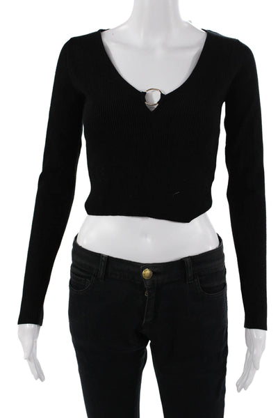 Intermix Women Cropped V-Neck Black Long Sleeve Top Buckle Size S