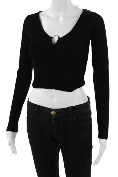 Intermix Women Cropped V-Neck Black Long Sleeve Top Buckle Size S