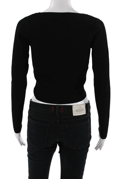 Intermix Women Cropped V-Neck Black Long Sleeve Top Buckle Size S