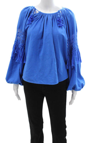 Ulla Johnson Womens Tunic Blouse Blue Silk Long Sleeve Tie Round Neck Size 2
