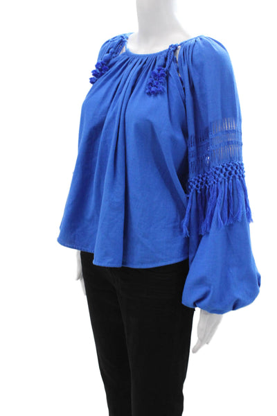Ulla Johnson Womens Tunic Blouse Blue Silk Long Sleeve Tie Round Neck Size 2