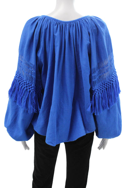 Ulla Johnson Womens Tunic Blouse Blue Silk Long Sleeve Tie Round Neck Size 2