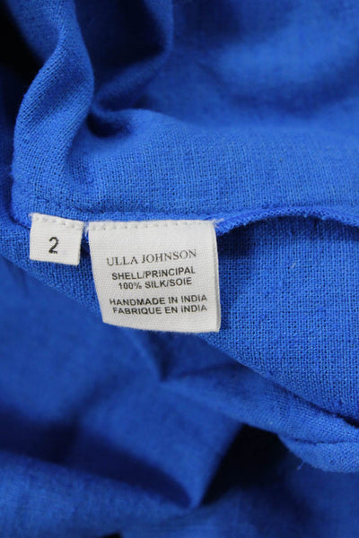 Ulla Johnson Womens Tunic Blouse Blue Silk Long Sleeve Tie Round Neck Size 2