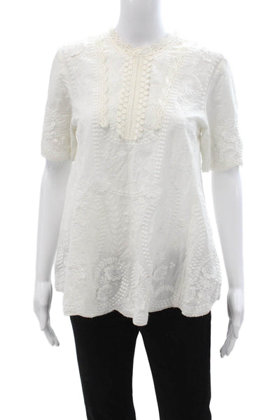 Vanessa Bruno Women Tunic Blouse White Cotton Floral Short Sleeve Size 36