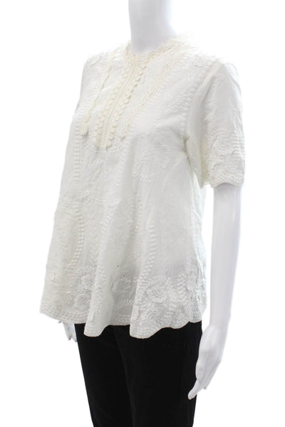Vanessa Bruno Women Tunic Blouse White Cotton Floral Short Sleeve Size 36