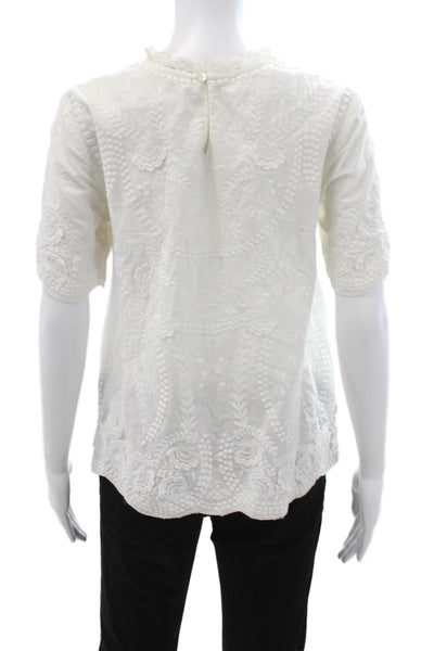 Vanessa Bruno Women Tunic Blouse White Cotton Floral Short Sleeve Size 36