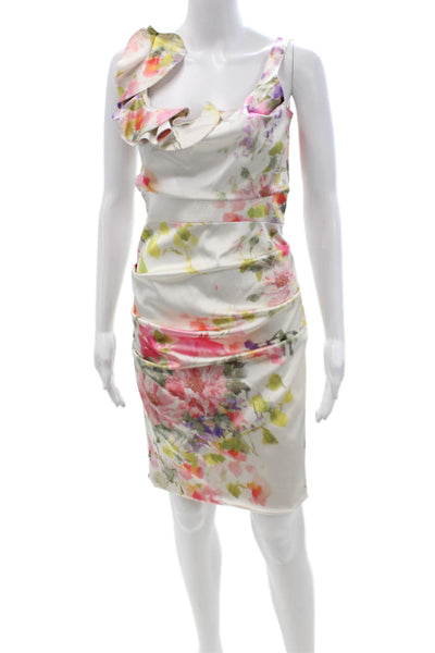 Rolando Santana Women White Bodycon Sheath Dress Sleeveless Zip Floral Size M
