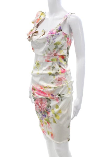 Rolando Santana Women White Bodycon Sheath Dress Sleeveless Zip Floral Size M