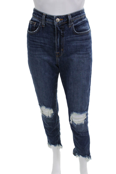 L'Agence Women Ankle Cropped Jeans Dark Blue Mid Rise Button Size 27