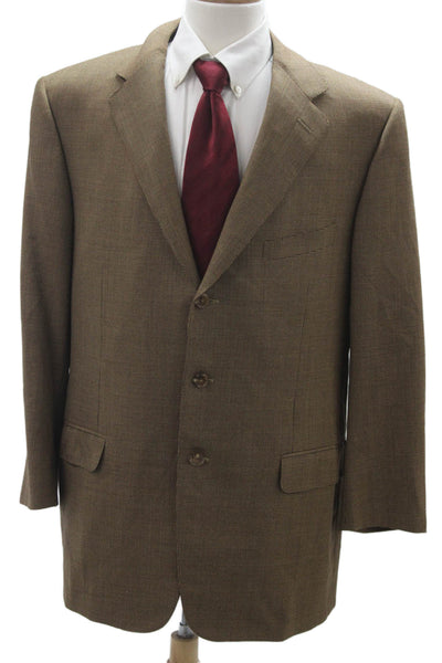 Ermenegildo Zegna Mens Check 100% Wool Sport Coat Brown Collared Button Size 56