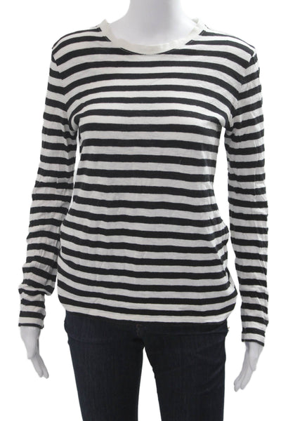 Joe Fresh Women Black Striped Cotton Basic Long Sleeve T-Shirt Size M