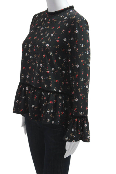 Zara Basic Womens Black Floral Mock Neck Tunic Blouse Long Sleeve Size S