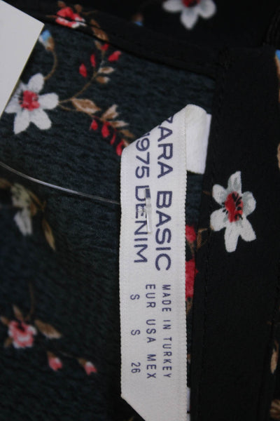 Zara Basic Womens Black Floral Mock Neck Tunic Blouse Long Sleeve Size S