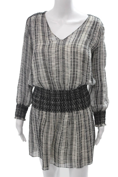 Club Monaco Women Black Striped Silk Blouson Long Sleeve Mini Dress Size 0