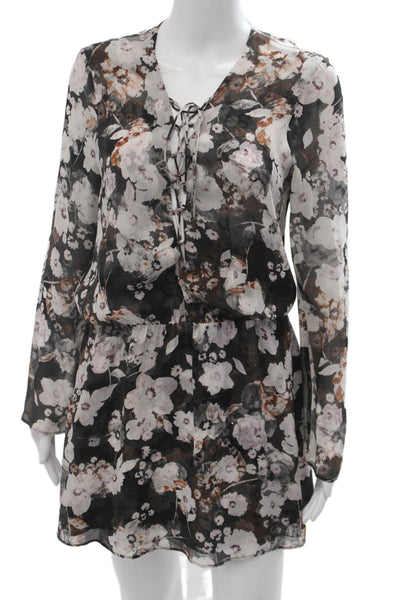 Intermix Women Black Silk Floral V-Neck Shift Mini Dress Size S