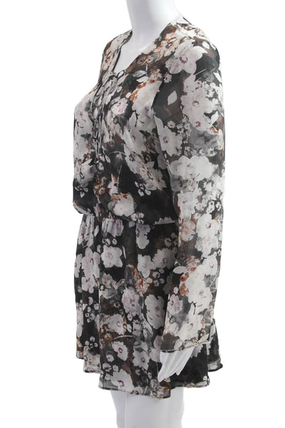 Intermix Women Black Silk Floral V-Neck Shift Mini Dress Size S