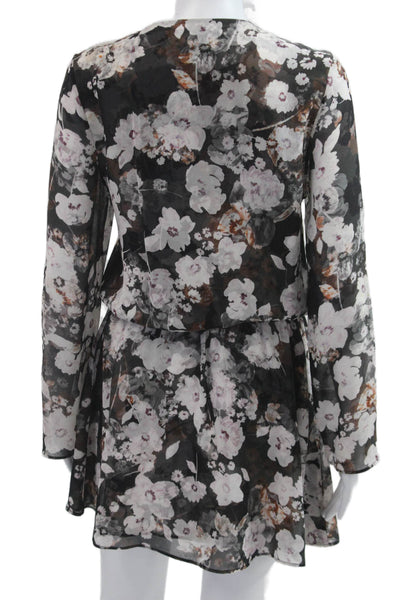 Intermix Women Black Silk Floral V-Neck Shift Mini Dress Size S