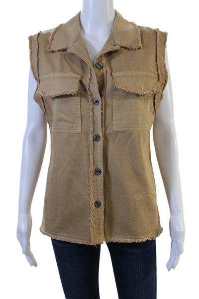 Johanna Paris Womens Tan Cotton Elastane Collared Button Army Vest Size S