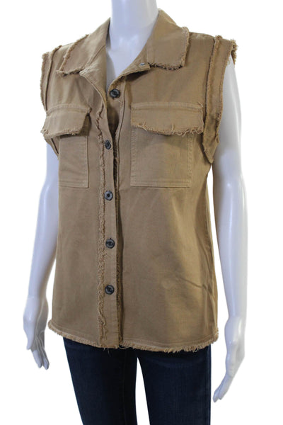 Johanna Paris Womens Tan Cotton Elastane Collared Button Army Vest Size S