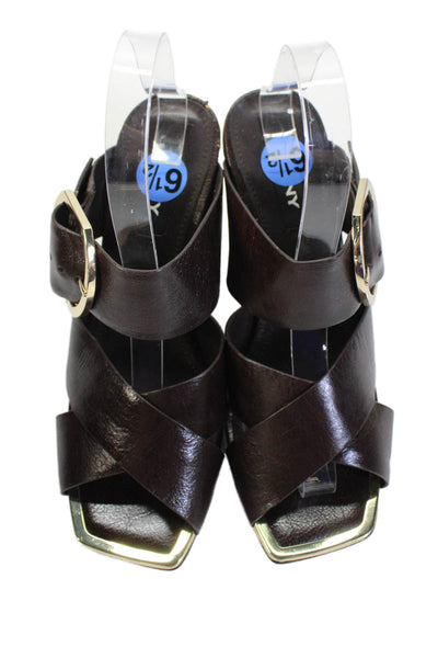 DKNY Womens Open Square Toe Buckle Slip On Heels Brown Size 6.5