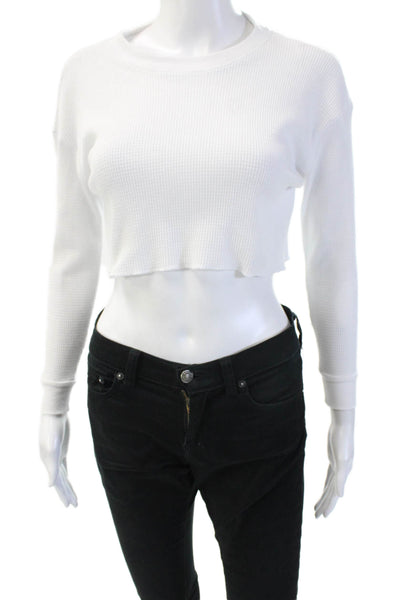 Katie J Womens Juniors Cropped Long Sleeve Crew Neck White T Shirt Size M