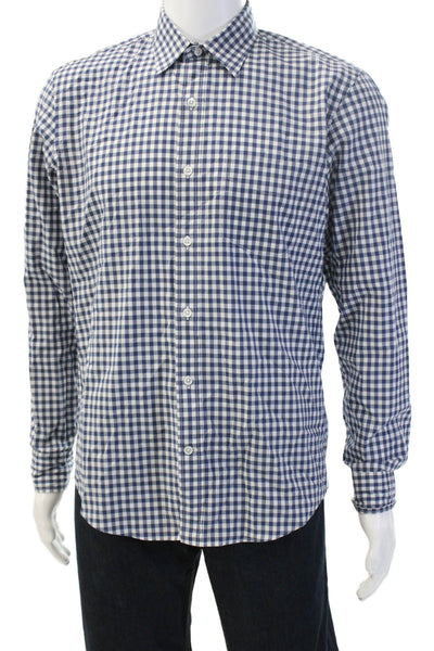 J Crew Mens Cotton Checkered Collared Long Sleeve Button-Down Shirt Blue Size M