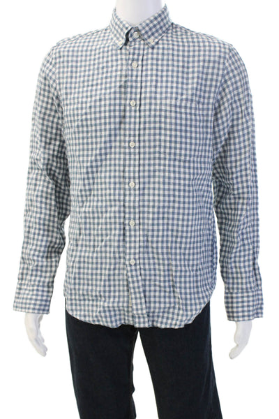 J Crew Mens Linen Checkered Long Sleeve Button-Down Shirt Blue Size M