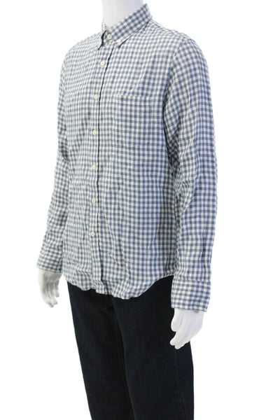 J Crew Mens Linen Checkered Long Sleeve Button-Down Shirt Blue Size M
