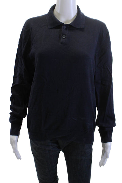 Zara Men Dark Blue Collared Solid Cotton Blend Polo Long Sleeve Size M